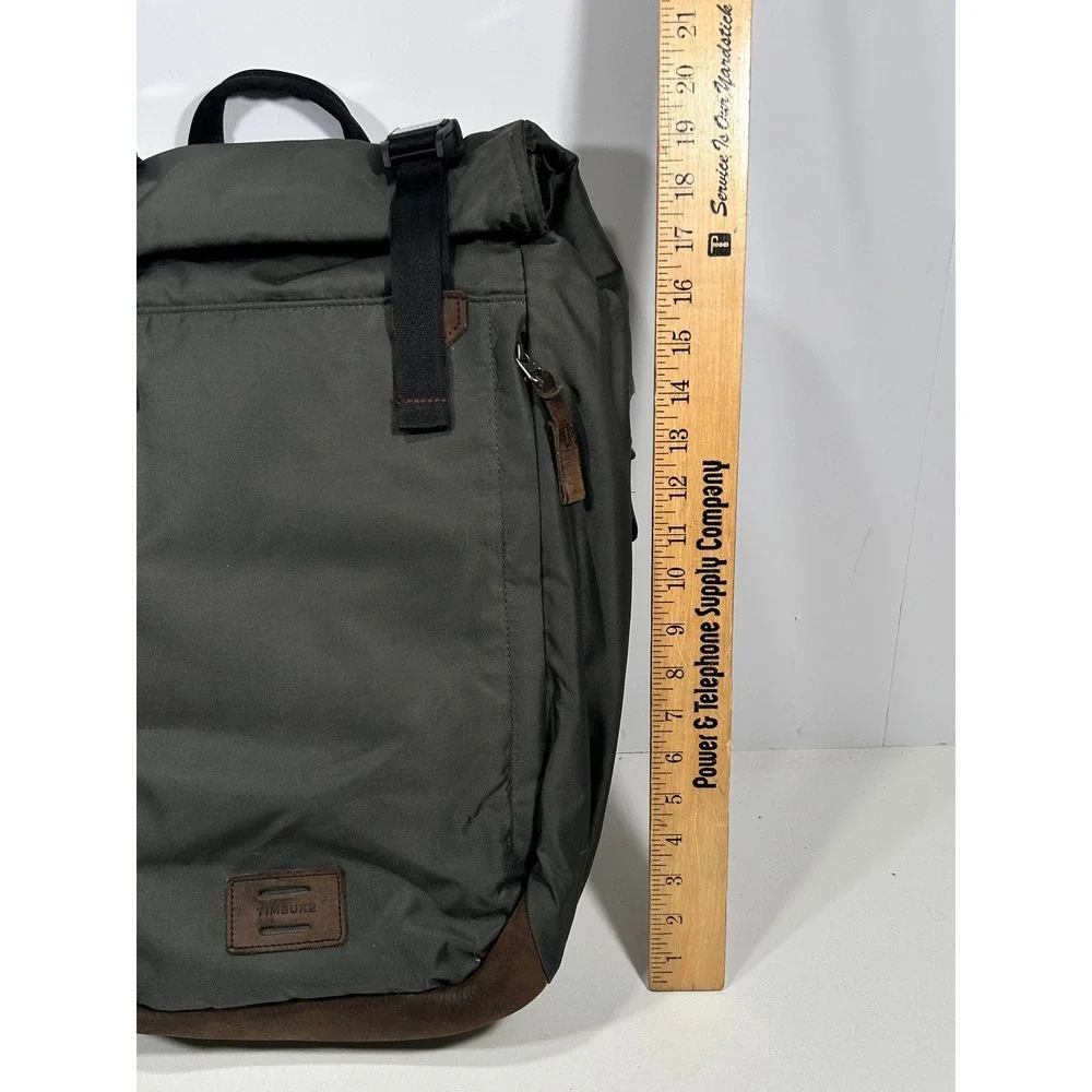 Timbuk2 Roll Top Backpack Olive Green Nylon Brown Leather Trim Laptop Sleeve
